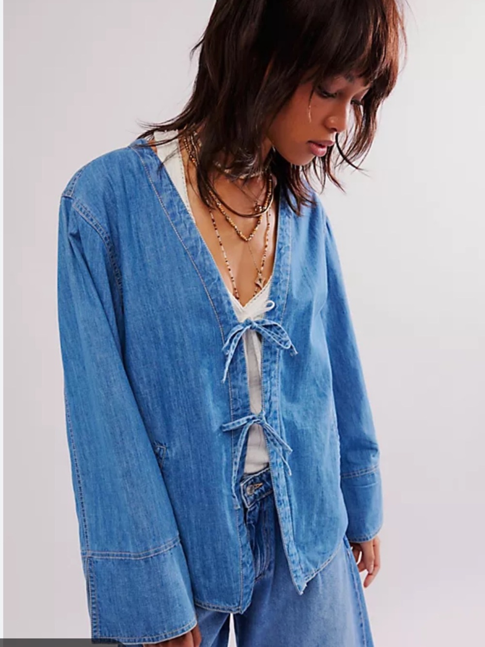 Free People Dragonfly Blue Denim Jean Jacket with Ties size Large 100% Cotton - Picture 3 of 13